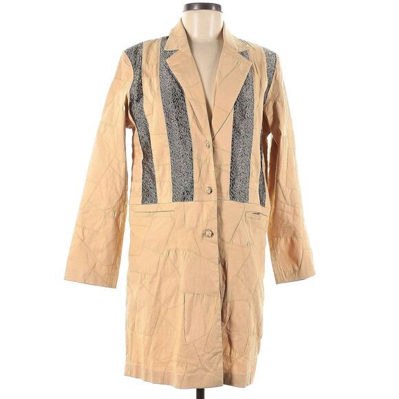 NWT Vintage 1990s Silk Box Longline Jacket Cream Patchwork Trench Gold Size 6 - Picture 12 of 15